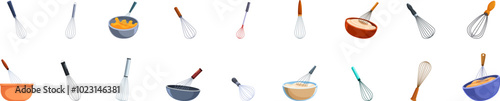 Baking whisk icons set. Collection of whisk icons in cartoon style, mixing tools for cooking and baking