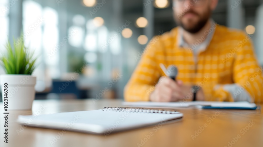 A man in a yellow sweater, wearing glasses, holds a pen poised over a notepad, exemplifying focus and intention in a bright, modern office space. A man in a yellow sweater, wearing glasses, holds a pen poised over a notepad, exemplifying focus and intention in a bright, modern office space.