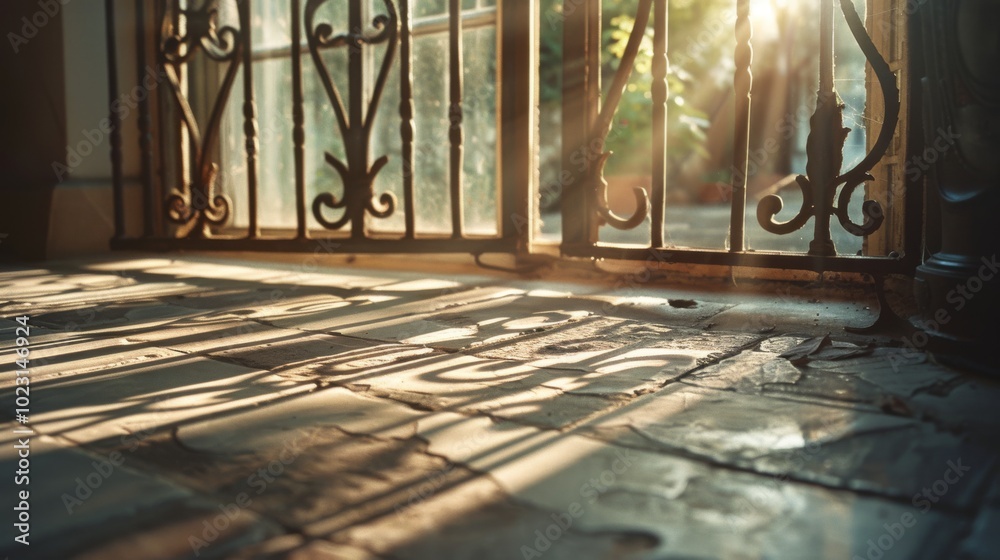 custom made wallpaper toronto digitalSunlight and shadows dance on the tiled floor patterns beneath an ornate wrought iron gate, creating a serene and artistic ambiance.