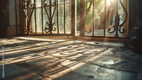 Wallpaper Mural Sunlight and shadows dance on the tiled floor patterns beneath an ornate wrought iron gate, creating a serene and artistic ambiance. Torontodigital.ca
