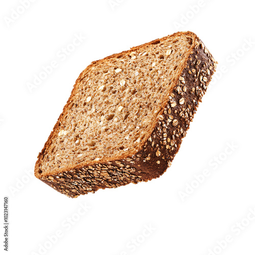 A brown multigrain bread slice in the air on an isolated background