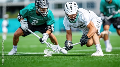 A vivid image capturing an intense faceoff during a lacrosse game, highlighting the commitment and focus of two players fighting for ball possession on the field. photo