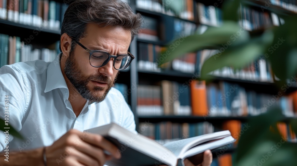 A man with glasses is deeply focused on reading a book in a quiet library, surrounded by shelves filled with colorful books under soft illumination. A man with glasses is deeply focused on reading a book in a quiet library, surrounded by shelves filled with colorful books under soft illumination.