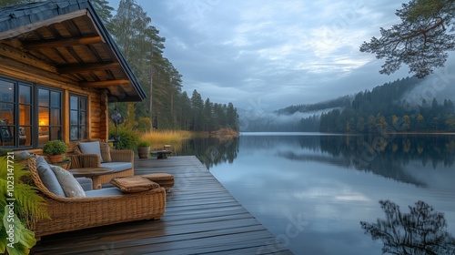 Fototapeta Naklejka Na Ścianę i Meble -  A quiet lakeside cabin with wicker seating on a wooden deck, surrounded by misty waters and forest. A great visual for promoting calm, peaceful living in nature.