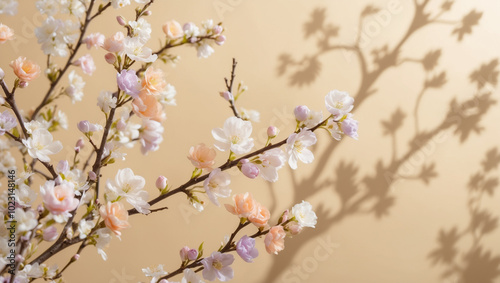 Wallpaper Mural Beautiful cherry blossom branch on beige background with shadows. Torontodigital.ca