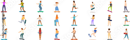 Girl skateboard icons set. Young people riding skateboards set, male and female characters skateboarding, performing tricks, having fun and enjoying outdoor activity vector illustration