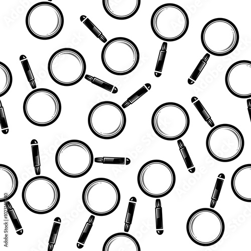 Vector magnifying glass, search icon seamless pattern. Magnifier, big tool instrument. Magnifier loupe search. Business Analysis symbol.