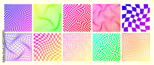 Wallpaper Mural Groovy checkered pattern, neon distorted tiled grid. Vintage wavy curved backdrop, distortion effect. Funky geometric chessboard texture, retro background in 90s style, y2k. Vector illustration Torontodigital.ca