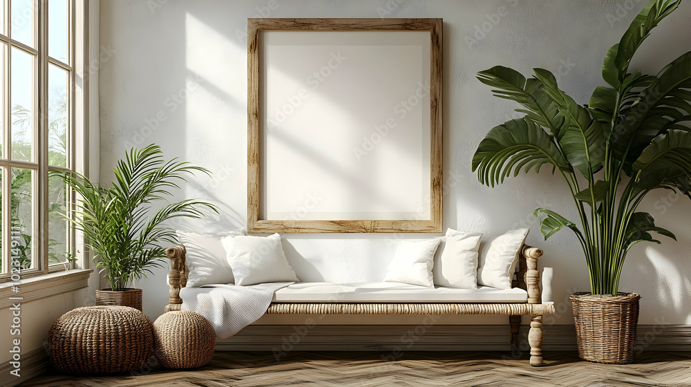 Cozy interior with a sofa, plants, and a blank frame. Cozy interior with a sofa, plants, and a blank frame.