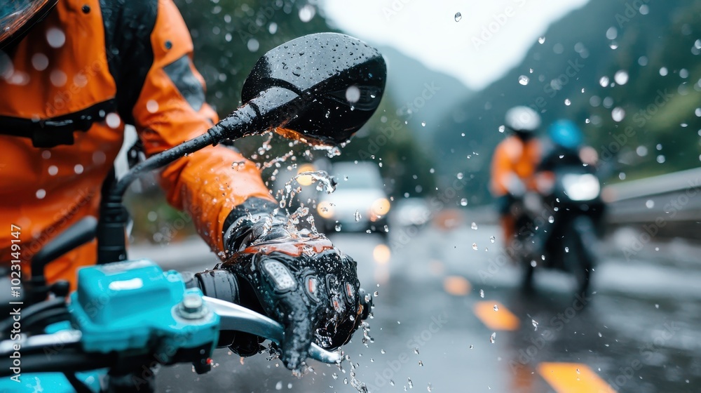 A motorcyclist in orange rain gear navigates a wet highway, hands gripping the handlebars as raindrops fly, against a backdrop of blurred cars and lush greenery. A motorcyclist in orange rain gear navigates a wet highway, hands gripping the handlebars as raindrops fly, against a backdrop of blurred cars and lush greenery.