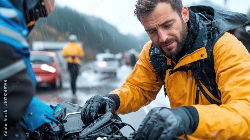 Fototapeta premium A man wearing a yellow rain jacket works on a motorcycle in wet weather, surrounded by blurred traffic and vehicles, symbolizing determination and resilience.