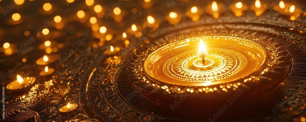 A beautifully lit diya adorned with intricate designs, symbolizing light and spirituality in a serene ambiance. A beautifully lit diya adorned with intricate designs, symbolizing light and spirituality in a serene ambiance.