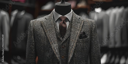 Monochrome men's gray suit on mannequin in modern bout photo