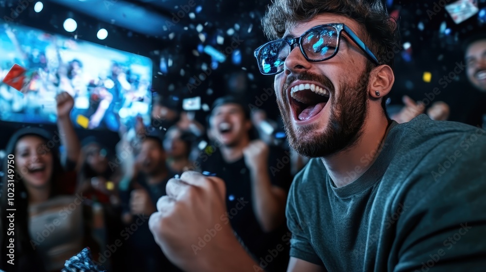 A jubilant group of people energetically cheering and celebrating while watching a thrilling sports event, reflecting excitement and camaraderie. A jubilant group of people energetically cheering and celebrating while watching a thrilling sports event, reflecting excitement and camaraderie.