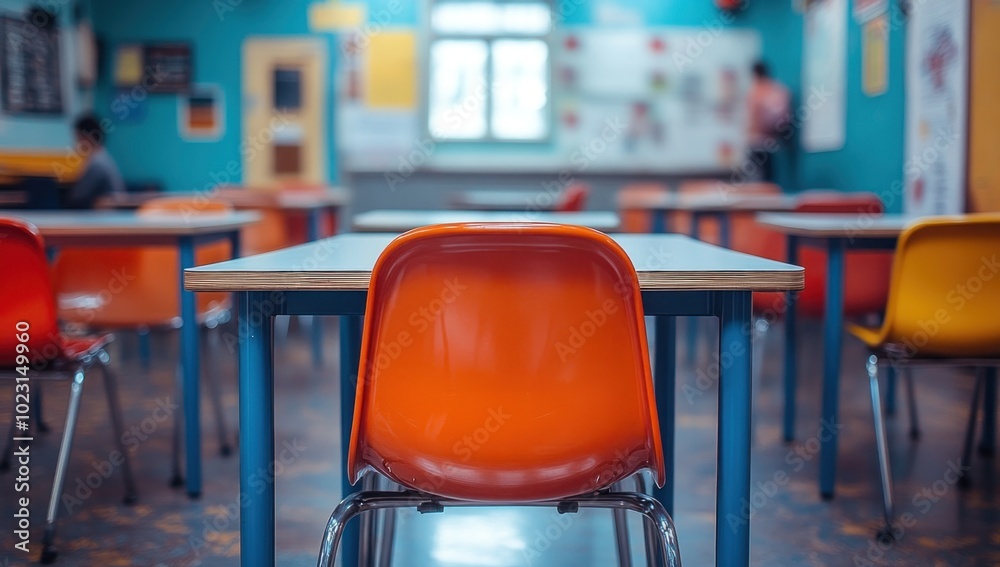 A classroom setting with orange chairs and a focus on learning.