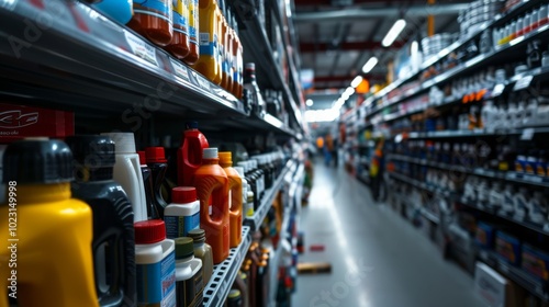 Rows of colorful motor oils line the shelves in a well-stocked automotive store. photo