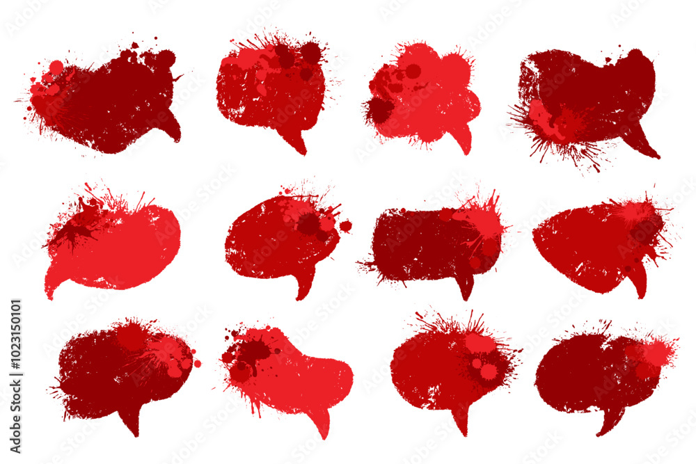 Red grunge chat bubbles with red paint splash drops. Halloween speech bubbles with blood dripping stains and red paint spatter