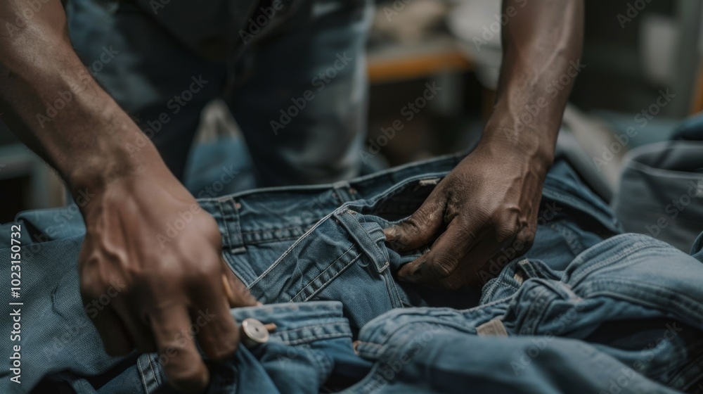 A pair of hands skillfully sorts through a pile of denim jeans, capturing a moment of craftsmanship and focus in a textile environment.