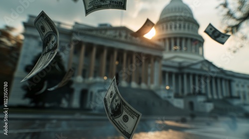 Dramatic scene of dollar bills drifting through the air in front of a prominent government building, symbolizing economic themes. photo