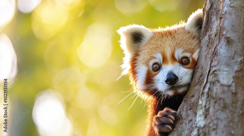 Naklejka premium With a curious expression, a red panda peers from behind a tree, adding an element of playfulness to the serene natural setting of lush greenery and soft light.