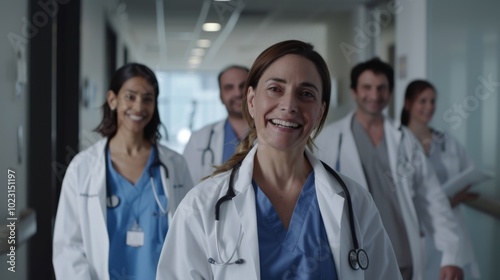 A team of smiling doctors in white coats advances confidently down a hospital corridor, exuding professionalism and warmth. photo