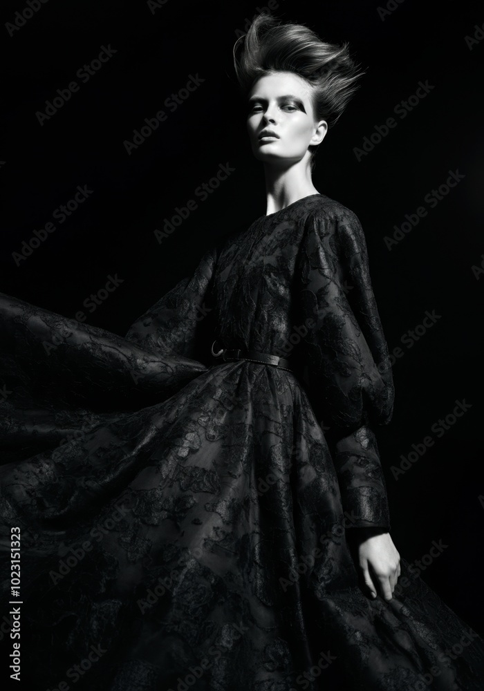 Elegant woman in black dress with dramatic lighting stylish hairstyle Elegant woman in black dress with dramatic lighting stylish hairstyle