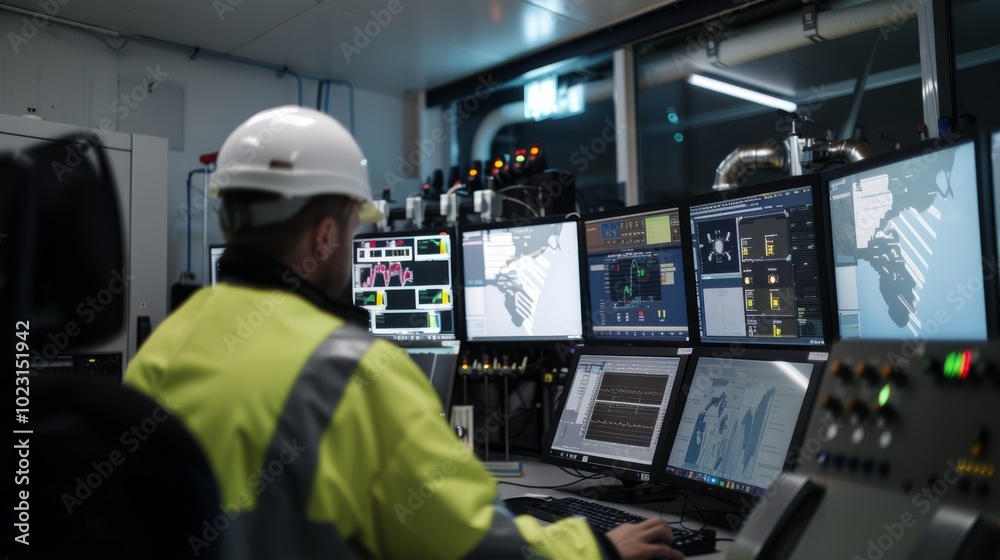 A dedicated worker in high-visibility gear operates multiple screens, overseeing critical systems in a modern control room. A dedicated worker in high-visibility gear operates multiple screens, overseeing critical systems in a modern control room.