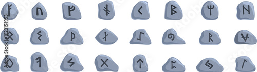 Rune stones icons set. Set of rune stones with ancient norse alphabet characters engraved on them, representing the mystical and historical significance of viking culture