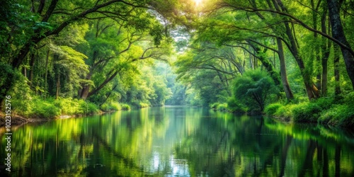 A serene waterway cutting through a lush forest , river, stream, creek, flow, nature, landscape, scenic, tranquil, peaceful