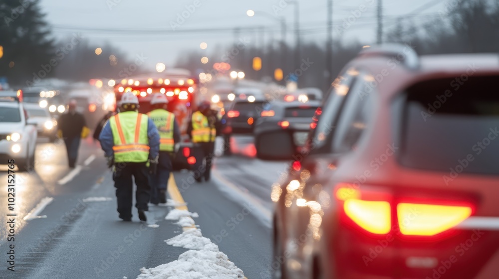 Obraz premium A highway engulfed in a snowstorm, slowing down traffic, with emergency responders attending the scene, illustrating winter hazards and prompt action.