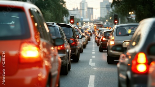 Heavy traffic seen from a distance during rush hour in a city, highlighting the pressures of urban commuting and the bustling life of city dwellers.