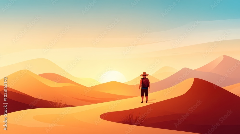 An animated traveler stands amidst vibrant desert dunes under a bright sky, illustrating a sense of wonder, exploration, and the beauty of nature in an artistic style. An animated traveler stands amidst vibrant desert dunes under a bright sky, illustrating a sense of wonder, exploration, and the beauty of nature in an artistic style.