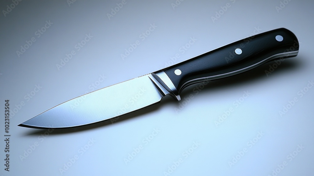 A sleek kitchen knife with a black handle, designed for precision cutting.