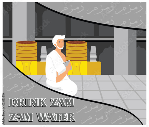 Old Man sat on his knees and prayed. Hajj and Umrah for travel and mobile services business websites.Flat vector modern illustration