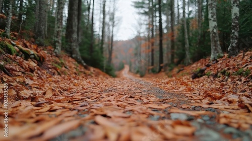 Autumn Forest Path with Fallen Leaves and Trees in Background