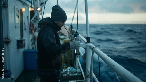 Man in a beanie operates scientific equipment on a ship during a cloudy, dusk setting, epitomizing determination and research amid challenging conditions.