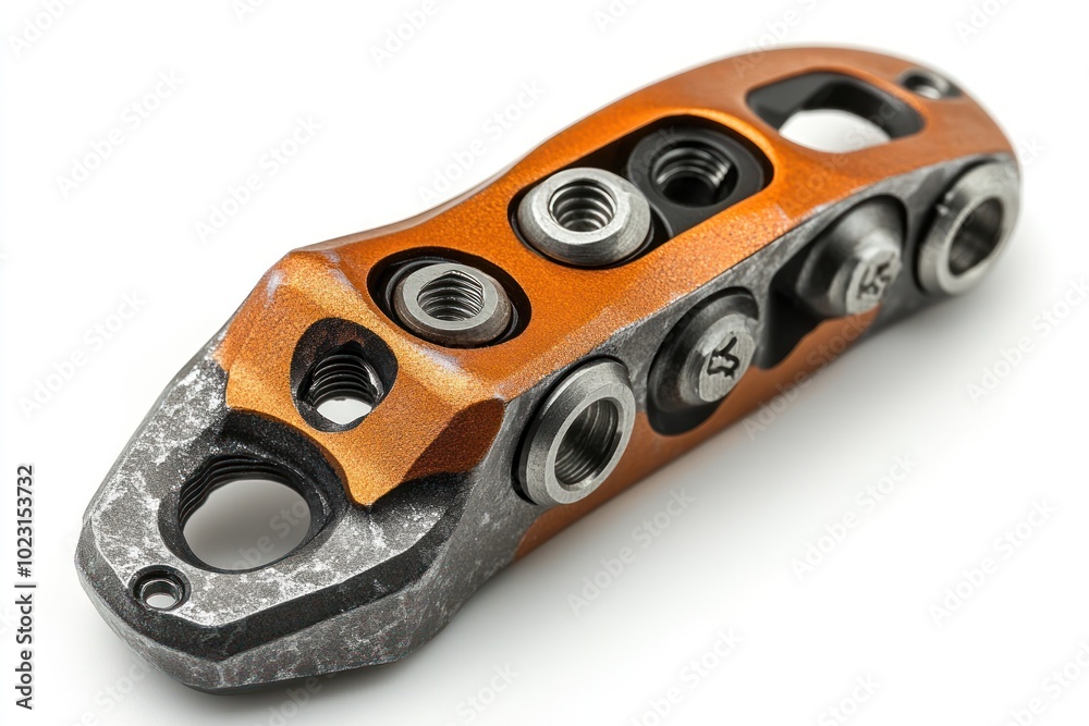 A close-up of an orange and silver bicycle component showcasing intricate design and functionality. A close-up of an orange and silver bicycle component showcasing intricate design and functionality.