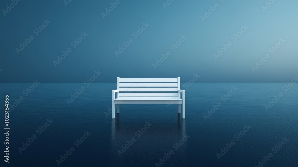A white bench is sitting in the water A white bench is sitting in the water
