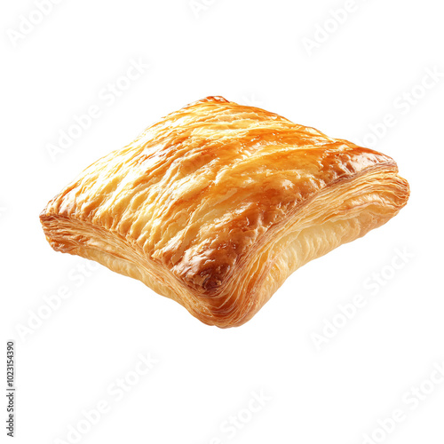 A delicious chicken puff pastry in the air on an isolated background
