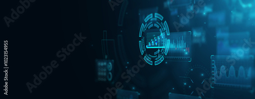 Internet cyberspace internet data collection analytical computer ai artificial intelligence calculation, blue background banner copyspace.