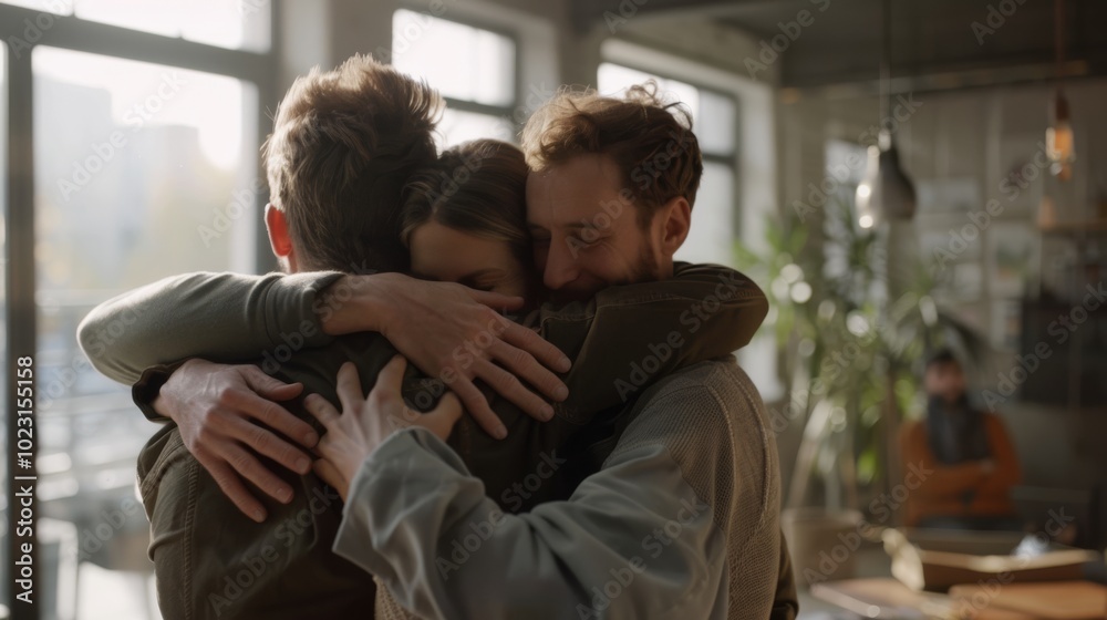 A close-knit group of friends share a heartfelt embrace in a warmly lit room, their genuine happiness and connection evident in their joyful expressions. A close-knit group of friends share a heartfelt embrace in a warmly lit room, their genuine happiness and connection evident in their joyful expressions.