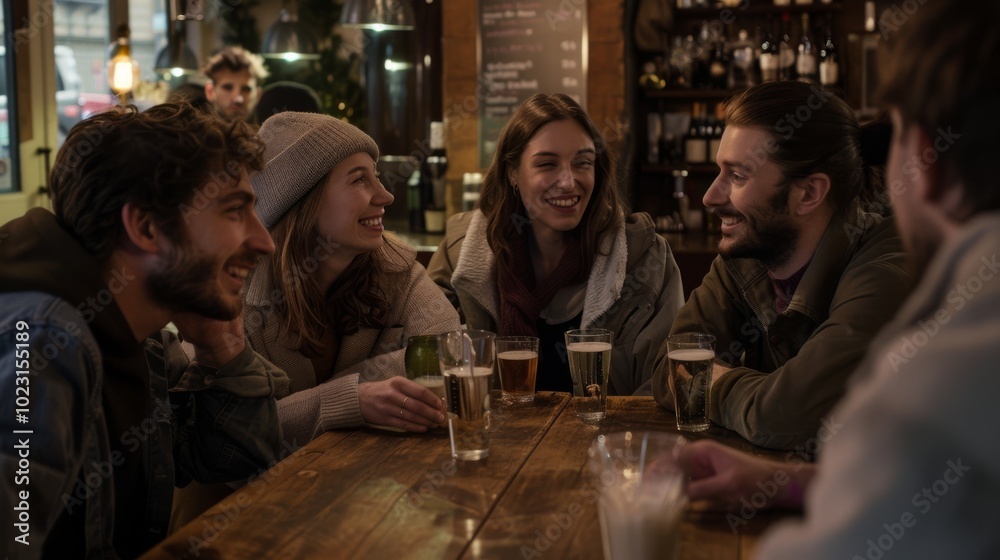 A jovial group chats over drinks at a rustic bar, their animated expressions reflecting good times shared. A jovial group chats over drinks at a rustic bar, their animated expressions reflecting good times shared.