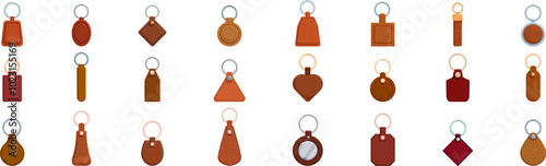 Leather keychain icons set. Different styles of keychains featuring a variety of shapes, perfect for showcasing personalized accessories