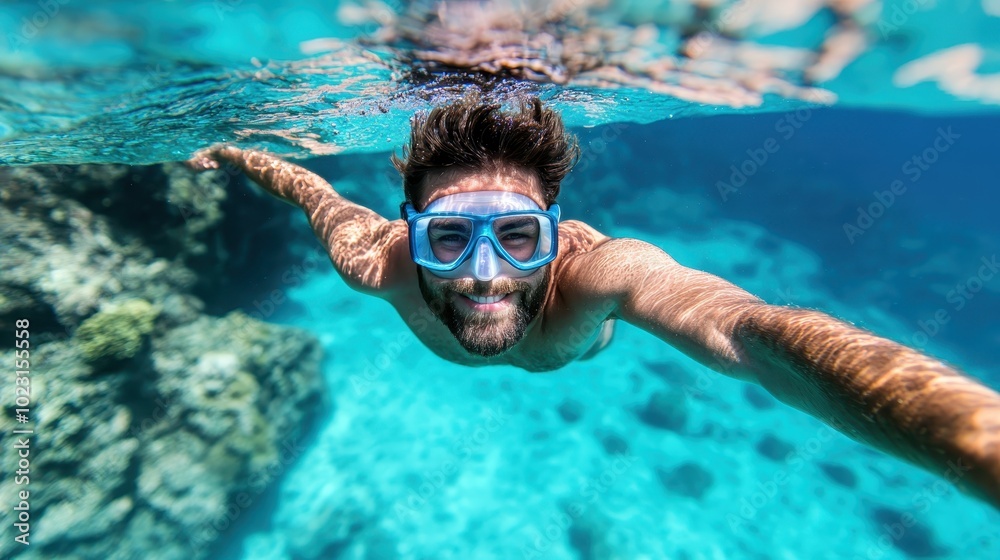Naklejka premium A man wearing snorkeling goggles swims underwater in clear turquoise tropical waters, surrounded by a vibrant coral reef, capturing a moment of adventure.