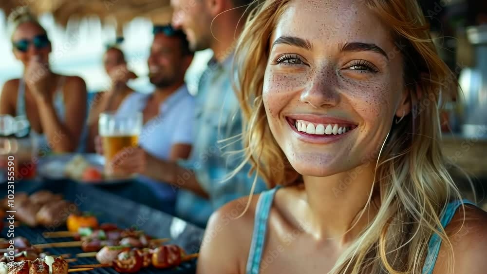 At a beach barbecue party, a cheerful blonde woman shares a fresh meal with friends. At a beach barbecue party, a cheerful blonde woman shares a fresh meal with friends.