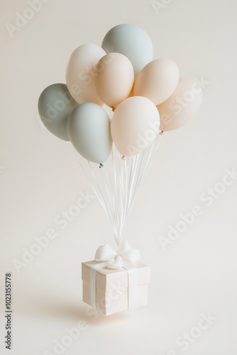Pastel balloons tied to gift box on light background