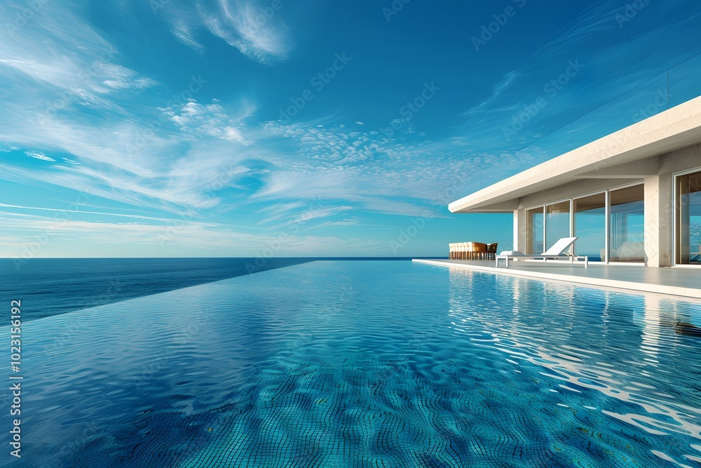 Fototapeta premium Stunning Infinity Pool Overlooking the Ocean with a Modern Villa