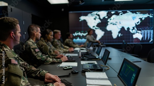 Military personnel in a command center work intently, monitoring global activities on large screens, signifying vigilance and strategic oversight.