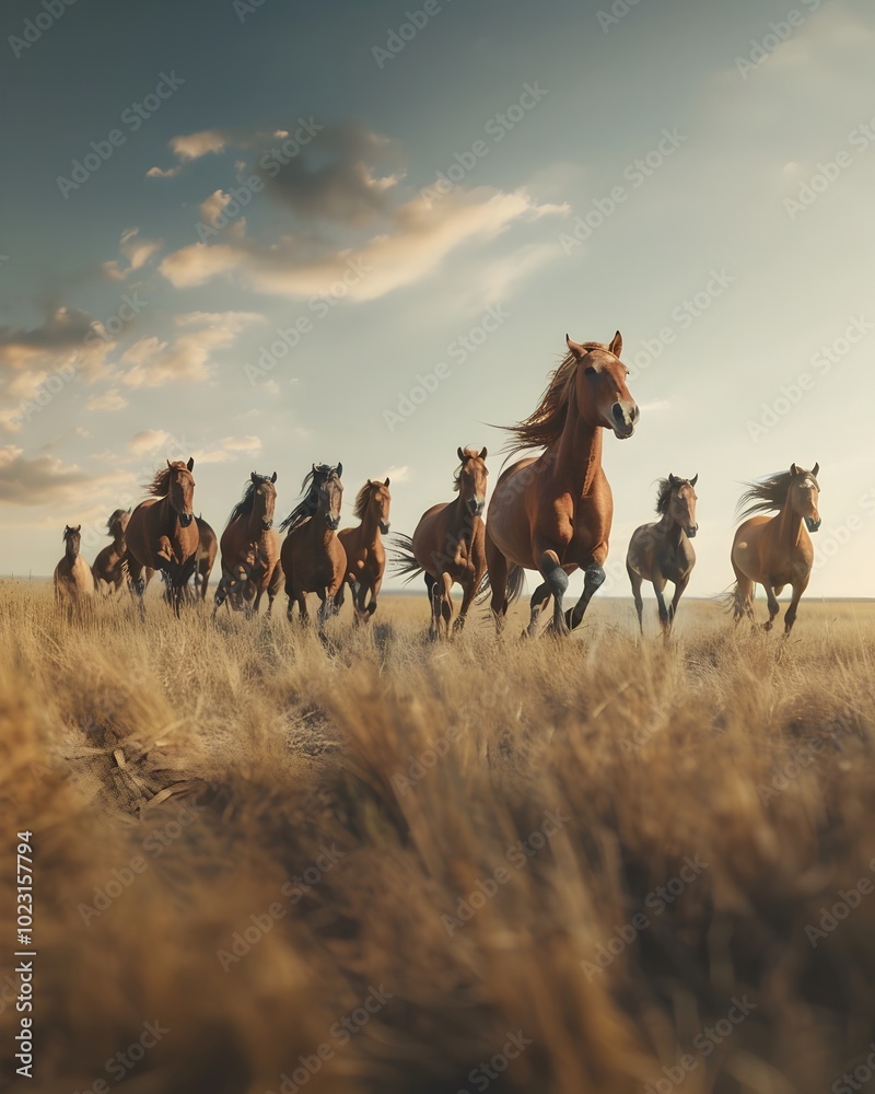 Obraz premium Herd of Galloping Wild Horses Crossing Vast Open Plain Manes Flowing in the Wind Symbolizing Freedom and Untamed Spirit