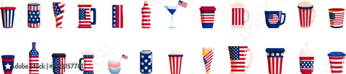 4th july drink icons set. Twenty two various beverages with an american flag theme are lined up horizontally on a white background